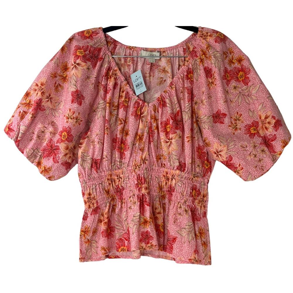 Loft Pink Red Floral Scoop Neck Puff Sleeve Smocked Peplum Top SP NWT